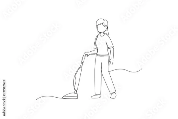 Fototapeta Continuous one line drawing Female janitor cleaning floor with vacuum cleaner in room. Office cleaning services concept. Single line draw design vector graphic illustration.