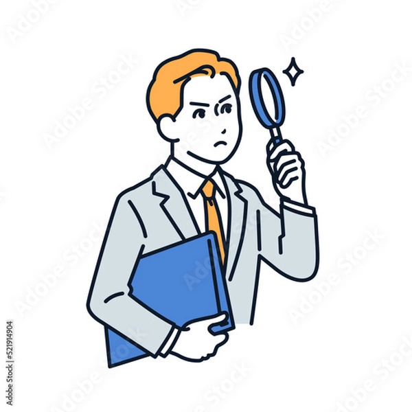 Fototapeta 真剣な表情で虫眼鏡を覗く若いビジネスマンのシンプルなベクターイラスト素材