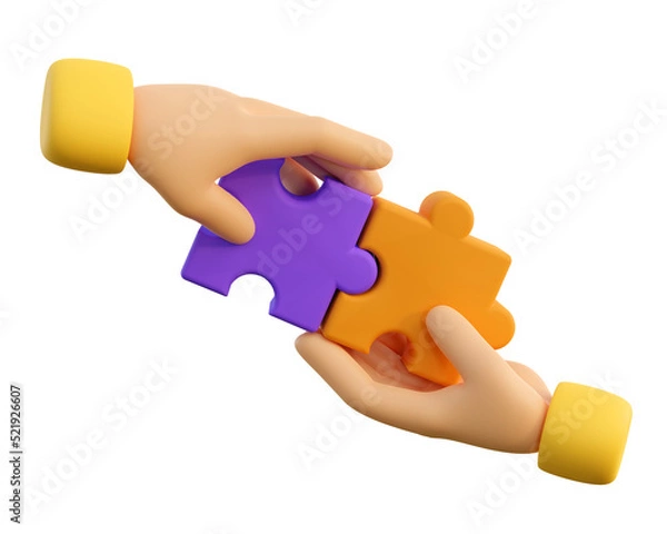 Fototapeta 3d human hands with jigsaw puzzle pieces. Concept of business problems, partnership, development, cooperation and teamwork. 3d high quality render.