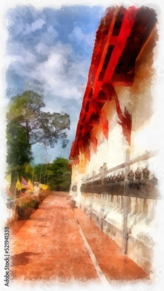 Fototapeta Landscape of ancient Thai architecture watercolor style illustration impressionist painting.