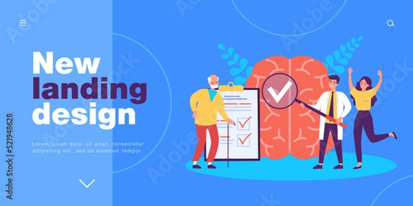 Obraz Doctors checking brain health of elderly patient. Tiny man holding magnifying glass to study flat vector illustration. Alzheimer, dementia concept for banner, website design or landing web page