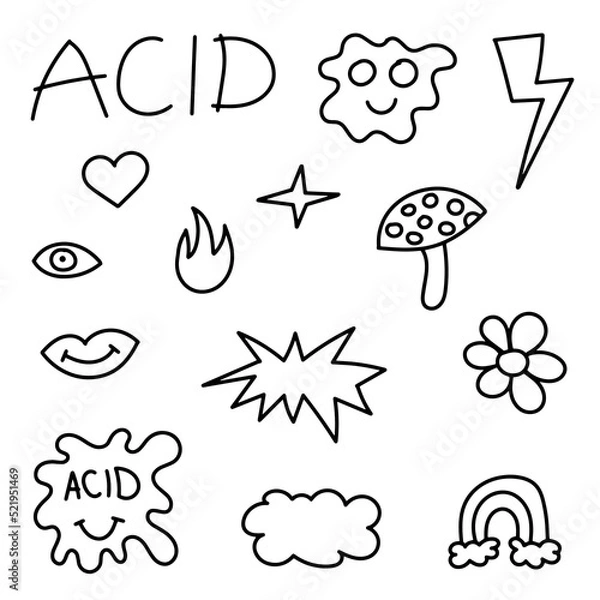 Fototapeta Acid Rave Smile Set. Acid Smile and Psychedelic Collection. Acid Rave Collection with Hand Drawn Abstract Elements Isolated on White Background.