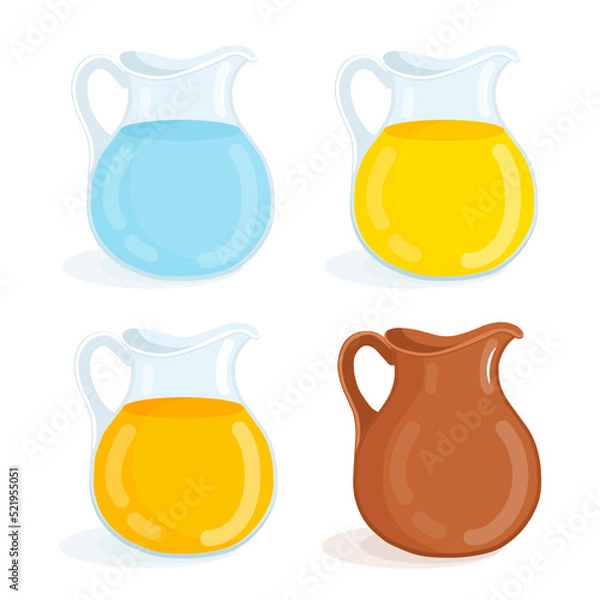 Fototapeta Collection of jugs with juice, water and milk. Set of vector illustrations of glass and ceramic decanters for drinks.