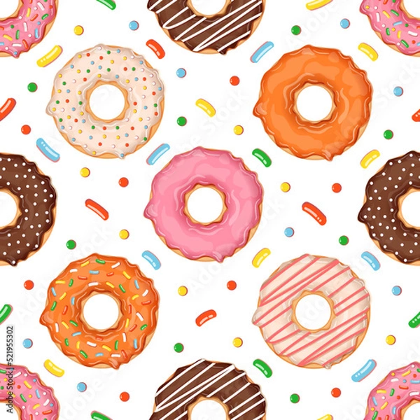 Fototapeta Seamless pattern with donuts of different flavors and toppings. Vector illustration for fabrics, textures, wallpapers, posters, cards. Editable elements.