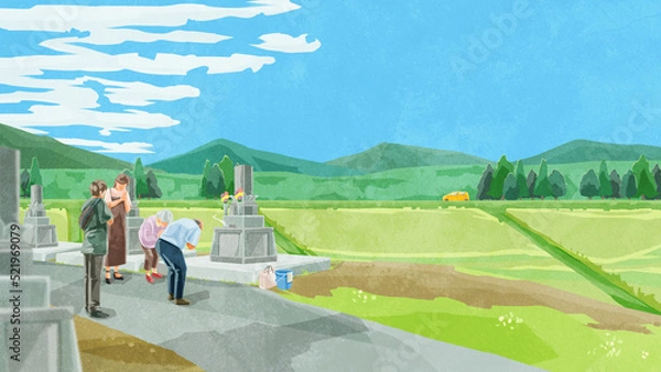 Obraz お盆にお墓参りする人たち手書き水彩風イラスト