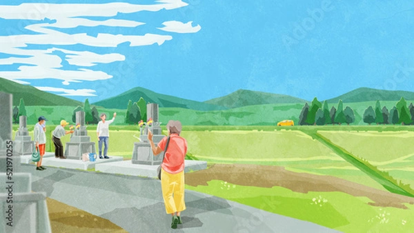 Obraz お盆にお墓参りする人たち手書き水彩風イラスト