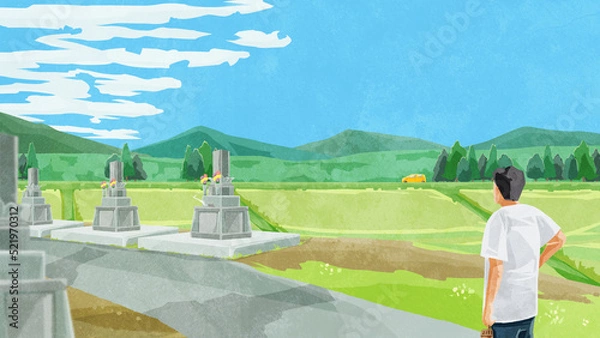 Obraz お盆にお墓参りする人手書き水彩風イラスト