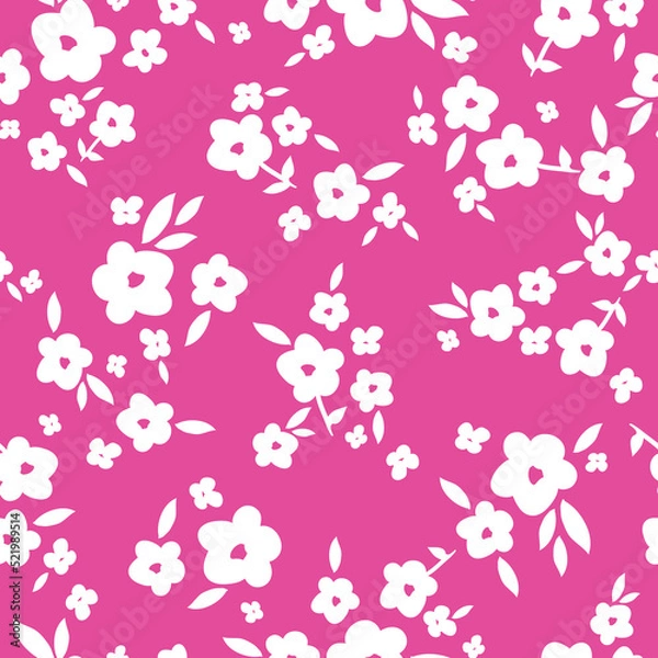 Fototapeta Simple vintage pattern. white flowers and leaves. pink  background. Fashionable print for textiles and wallpaper.