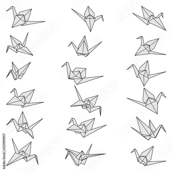 Fototapeta Set of origami crane vector grey illustration icon isolated on white background. Japanese traditional origami crane for infographic, website or app. Geometric line shape for art of folded paper.