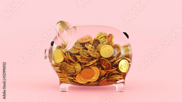 Fototapeta Glass Piggy bank with coin inside, saving or save money concept, 3D rendering.