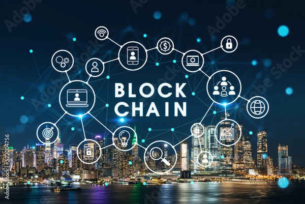 Fototapeta New York City skyline from New Jersey over the Hudson River with Hudson Yards at night. Manhattan, Midtown. Decentralized economy. Blockchain, cryptography and cryptocurrency concept, hologram