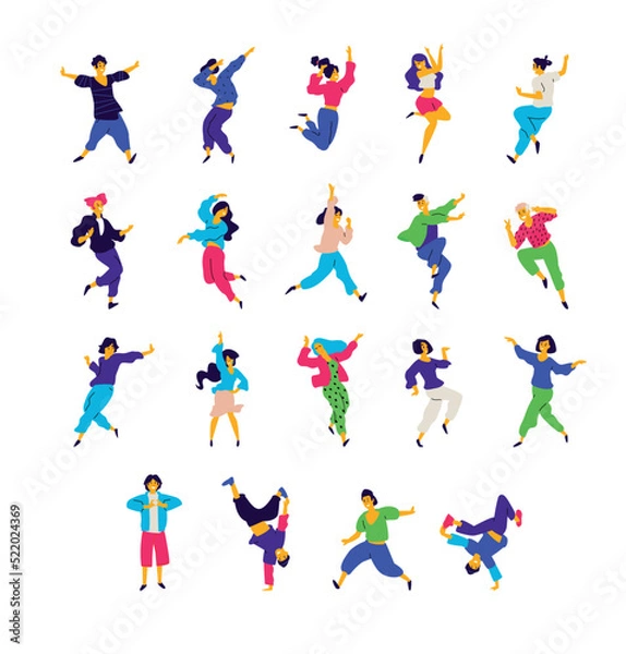 Fototapeta A group of dancing people in different poses and emotions. Vector. Illustrations of men and women. Flat style. A group of happy teenagers are dancing and having fun. Figure for packaging. Dance studio