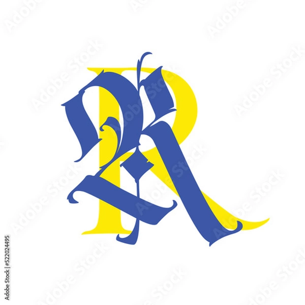 Fototapeta Letter R, in the Gothic style. Vector. Alphabet. The symbol is isolated on a white background. Calligraphy and lettering. Medieval Latin letter. Logo for the company. Monogram. Elegant font for tattoo