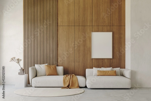 Fototapeta 3d rendering of modern living room with white sofa and coffee table, decorative wall with embossed panels, carpet on concret floor. Frame mockup