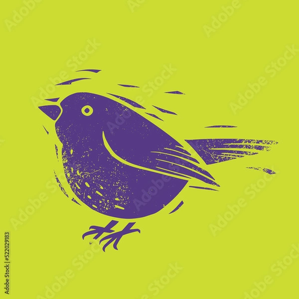 Fototapeta linocut bird with shabby texture in bright acid colors
