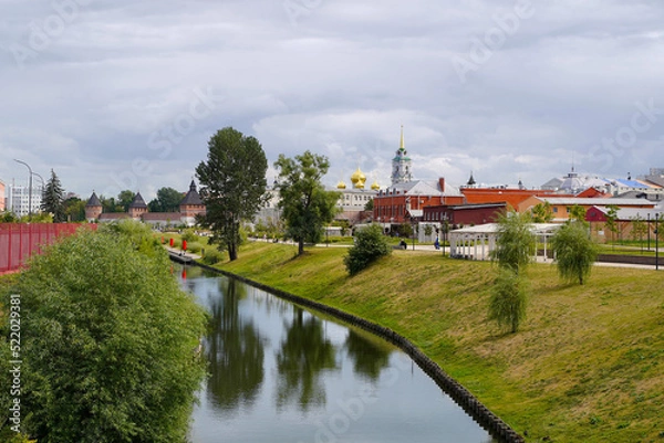 Fototapeta View of the landscaped embankment near the Tula Kremlin. In the background are the domes and the bell tower of the Assumption Cathedral
