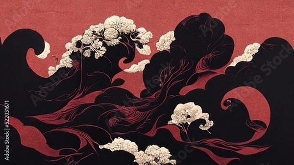 Obraz Abstract chinese, japanese ink calligraphy painting. Black and red abstract illustration painted with brush. Red flowers, black wave, cherry blossom on chinese paper. 4K background, wallpaper