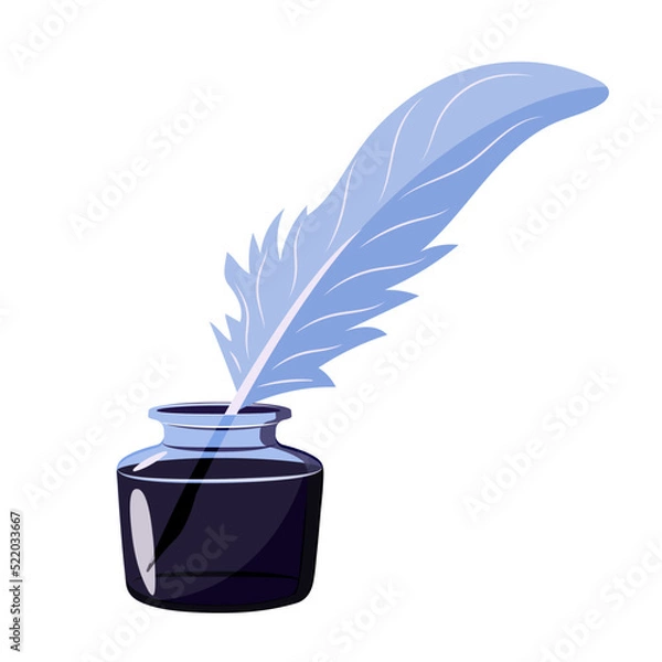 Fototapeta Inkwell with feather. Vintage writing utensils in cartoon style.