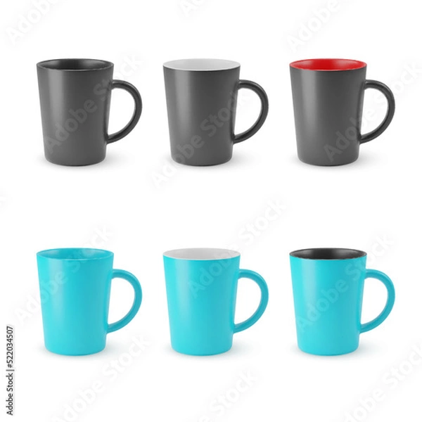 Fototapeta Illustration of Six Realistic Empty Ceramic Coffee Cup or Tea Mug on a White. Isolated Mockup with Shadow Effect, and Copy Space for Your Design. For Web Design, and Printing.
