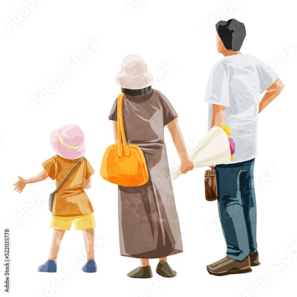 Fototapeta 親子3人後ろ姿手描き水彩風イラスト