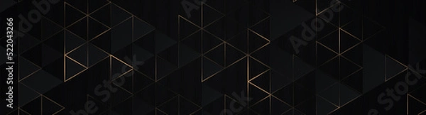 Obraz Luxury triangles abstract black metal background with golden light lines. Dark 3d geometric texture illustration. Bright grid pattern. Pure black horizontal banner wallpaper. Carbon elegant wedding BG