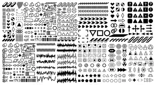 Obraz Collection of brutalism simple geometric form elements. A set of different acid base shapes and textures for templates. Modern memphis style. Digital retro rave background. Vector editable stroke