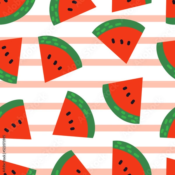 Fototapeta Seamless pattern with watermelon slices and pink stripes. Vector flat summer background
