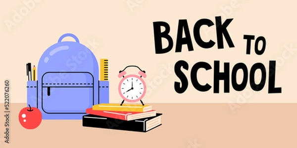 Fototapeta Backpack with books, alarm clockand an apple. Banner template with text back to school.