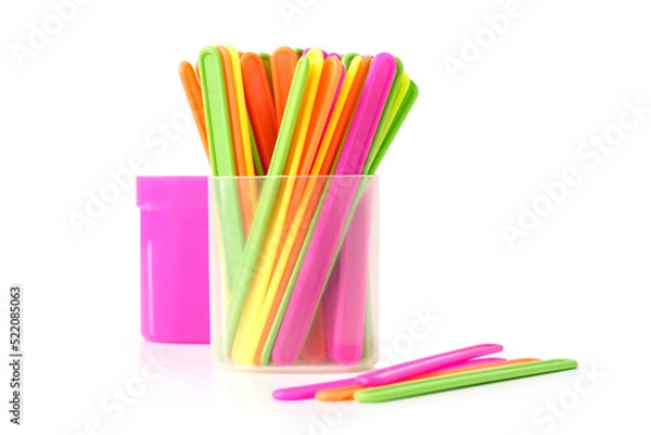 Obraz counting colorful sticks for the purposes of early education, development, learning to count and play. Colored sticks on an isolated white background