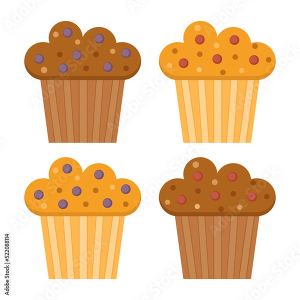 Obraz Set of muffins color vector icons with berry. Flat cupcakes illustration. Cake desserts design.