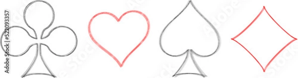 Fototapeta Sketch of playing card suits. Poker card suits. Card icons - hearts, clubs, spades and diamonds. Vector illustration isolated on white background. Casino icons - hearts, clubs, spades and diamonds. 