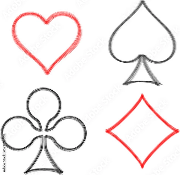Fototapeta Sketch of playing card suits. Poker card suits. Card icons - hearts, clubs, spades and diamonds. Vector illustration isolated on white background. Casino icons - hearts, clubs, spades and diamonds. 