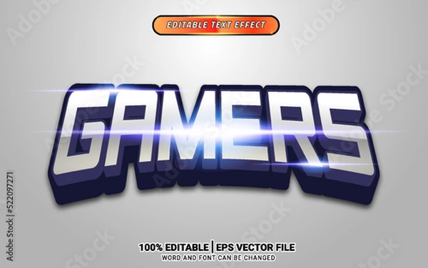 Fototapeta Gamers silver blue shiny 3d text effect editable template design modern futuristic font