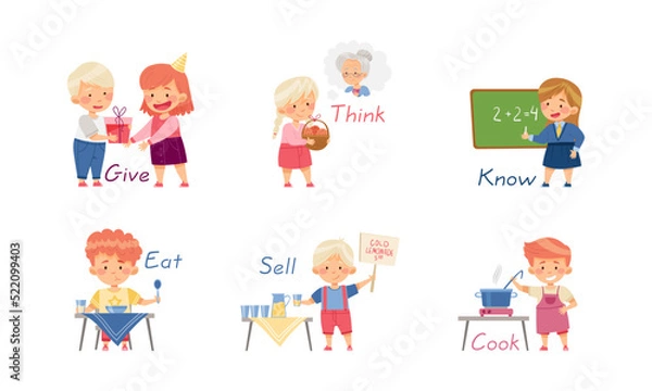 Obraz Funny Kids Engaged in Different Activities Demonstrating Verb Vector Set