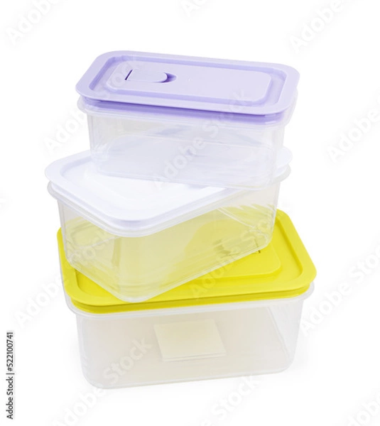 Fototapeta Plastic containers for food on wooden table on blue background