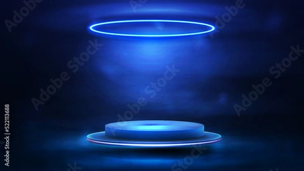 Obraz Empty blue podium floating in the air with blue neon ring lamp on the ceiling