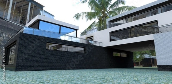 Obraz Through passage to the courtyard of an advanced new building. Stone blocks from natural granite. Large palm tree in the background. 3d render.