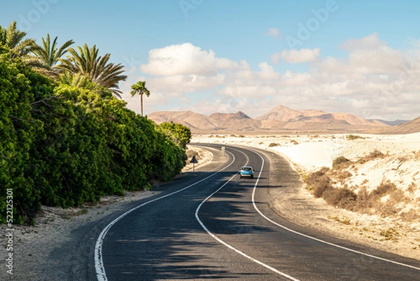 Fototapeta Blaues Auto auf der FV-104 in den Dünen von Corralejo mit Palmen auf Fuerteventura