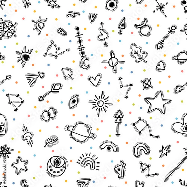 Fototapeta Cute seamless pattern with hand drawn boho elements. Ethnic style. Tribal background. Magic