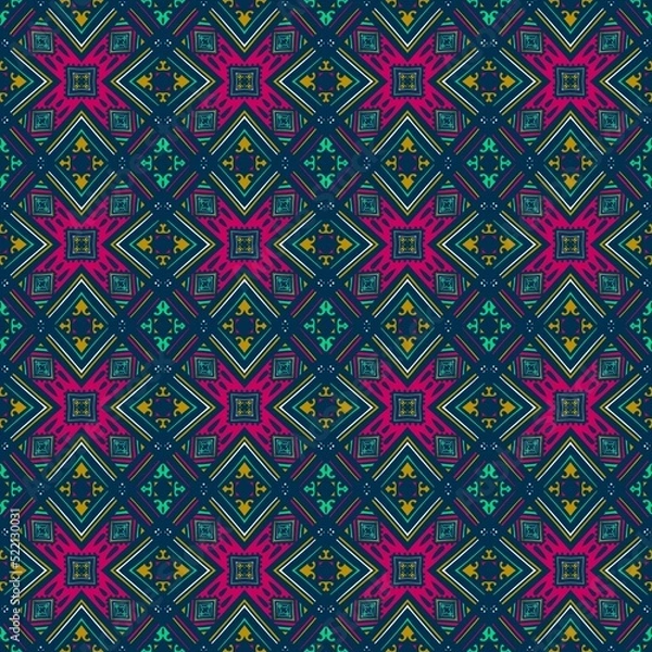 Fototapeta Retro geometric pattern in repeat. Fabric print. Damask style Seamless pattern background, mosaic ornament, vintage style. Design for prints on fabrics