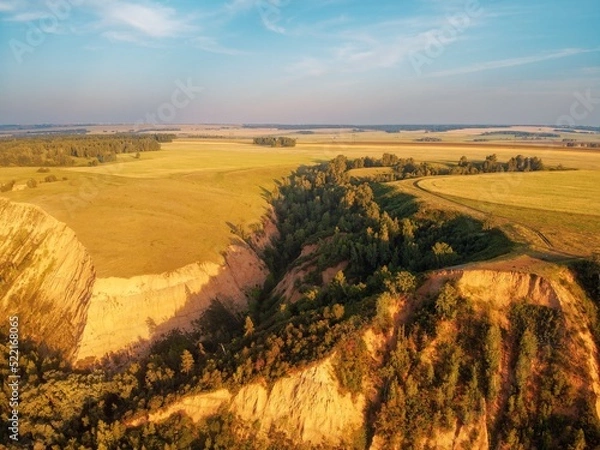 Fototapeta High hills with fields of grass and groves of birches. Erosion of clay hills. The light of the evening sun illuminates the clouds and the grass and trees