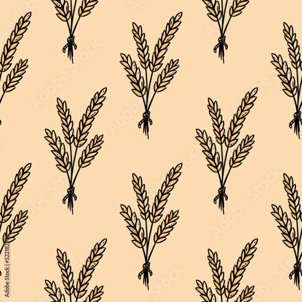 Fototapeta Cute cartoon wheat bundles doodles seamless border pattern. Grain vector repeatable background texture tile. Cozy template of stock print for wrapping design, wallpaper