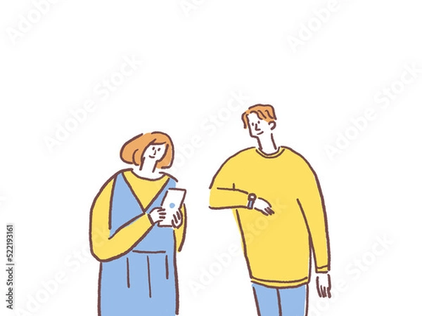 Fototapeta スマートフォンを見る若い女性と、腕時計（スマートウォッチ）を見る若い男性、横