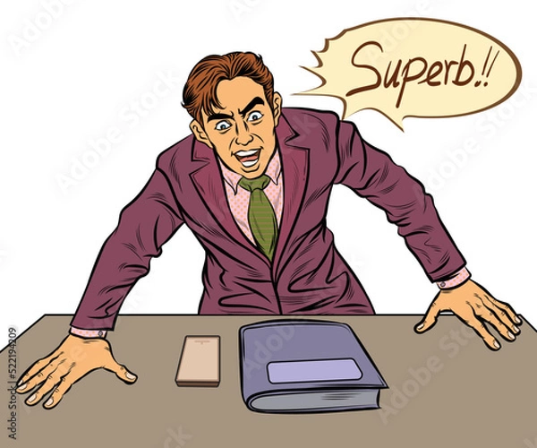 Obraz The young businessman was excited and surprised. He opened his eyes wide and shouted loudly.hand drawn style vector design illustration isolated on a white background.

