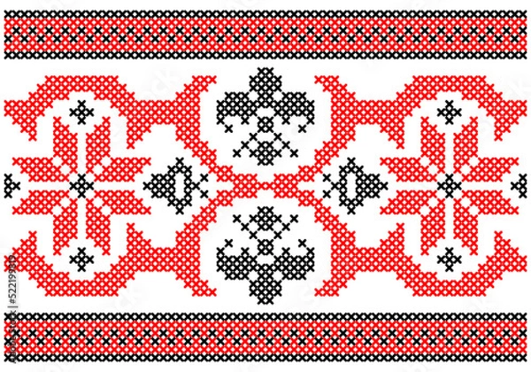 Obraz Ukrainian, folk art vector seamless pattern, retro monochrome long cross-stitch ornament inpired by folk art - Vyshyvanka. Slavic traditional black and white ornament from Eastern Europe