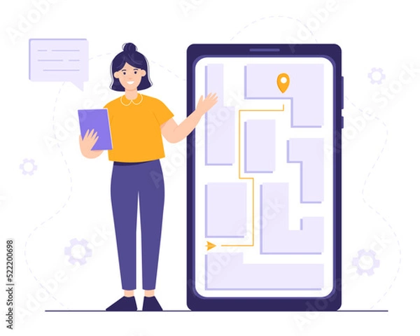 Fototapeta Woman shows how to get to the destination on a smartphone with a geolocation application. A real-time location program. Vector illustration