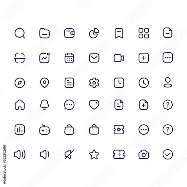 Fototapeta A set of modern thin icons for mobile devices and the Internet. Linear set of icons for business, medicine, UI, UX, media, money, travel, social networks.
