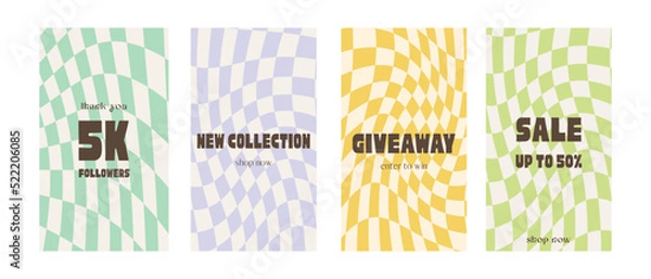 Fototapeta Retro social media ad post in psychedelic funky nostalgic design. Vintage 80s 90s aesthetic backdrops, distorted gingham backgrounds. Set of square posters in Y2K style. Vector ig banner templates.