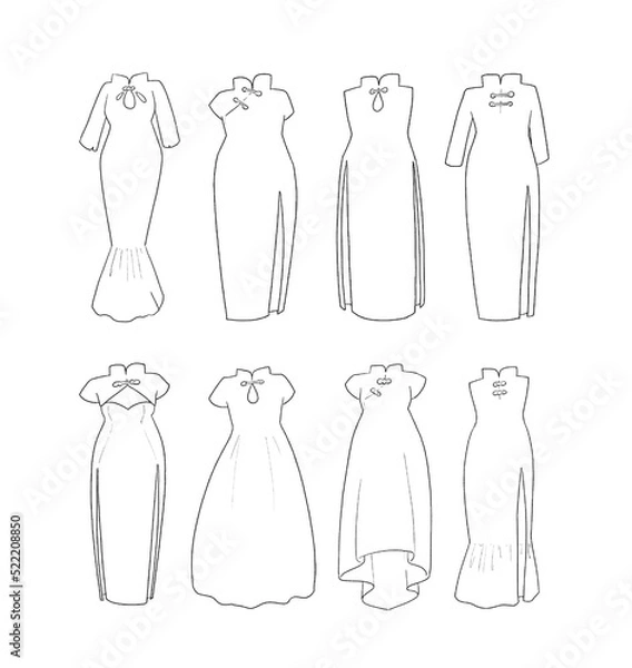 Fototapeta チャイナドレスの線画イラストセット