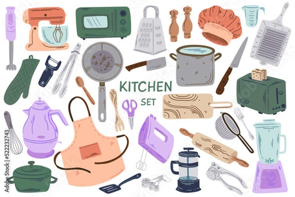 Obraz Hand drawn vector illustration kitchen tools big set isolated on white background. Flat vector illustrations of cookware objects and accessories collection